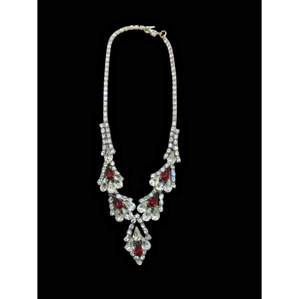 Vintage Clear Rhinestone Necklace Deep Red Teardrop Glass Silver Tone Statement